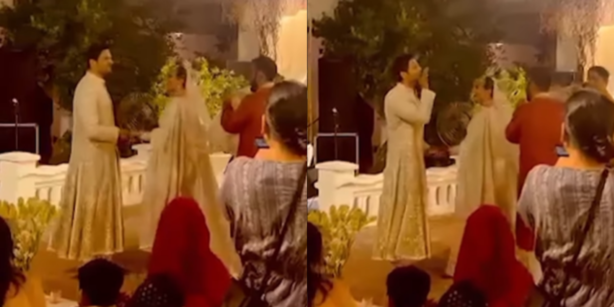 Ali Fazal blows kisses towards Richa Chadha as she walks in during their wedding ceremony